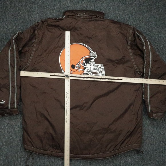 VINTAGE Cleveland Browns Jacket Mens Extra Large Brown Puma NFL Puffer Hooded XL - Picture 12 of 16
